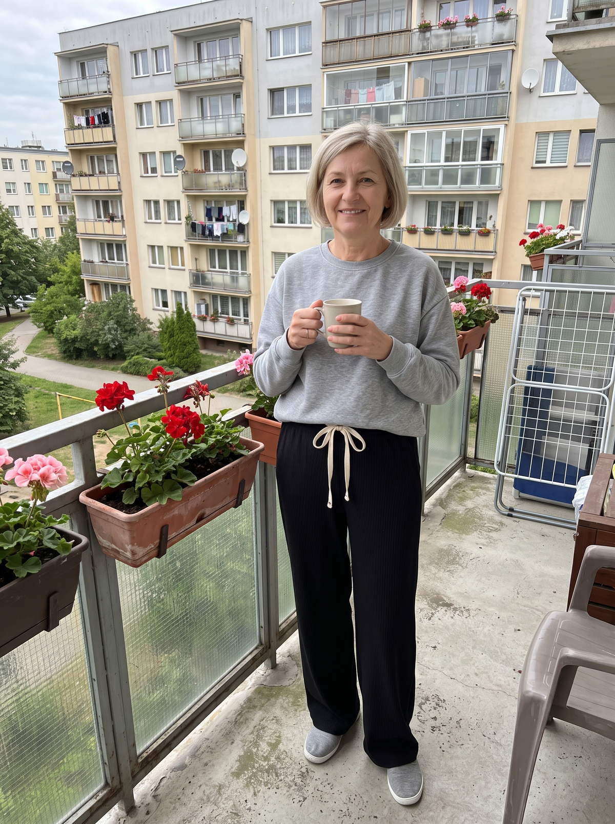 Czarne spodnie Joanna na balkonie