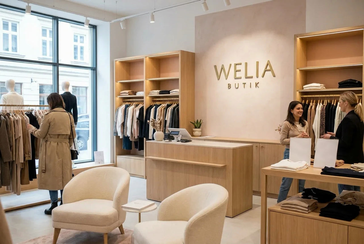 Jasne wnętrze butiku z logo WELIA BUTIK na ścianie, drewnianymi regałami i kremowymi fotelami