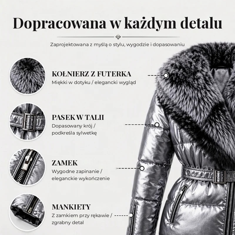 Kurtka Aneta – detale: kołnierz, pasek, zamek, mankiety