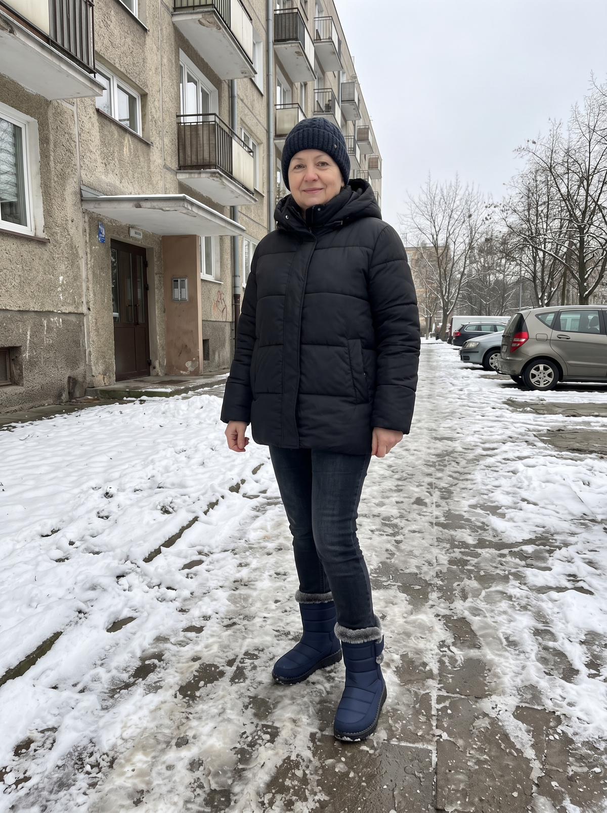 Granatowe śniegowce Beata z futerkiem na zimowym spacerze