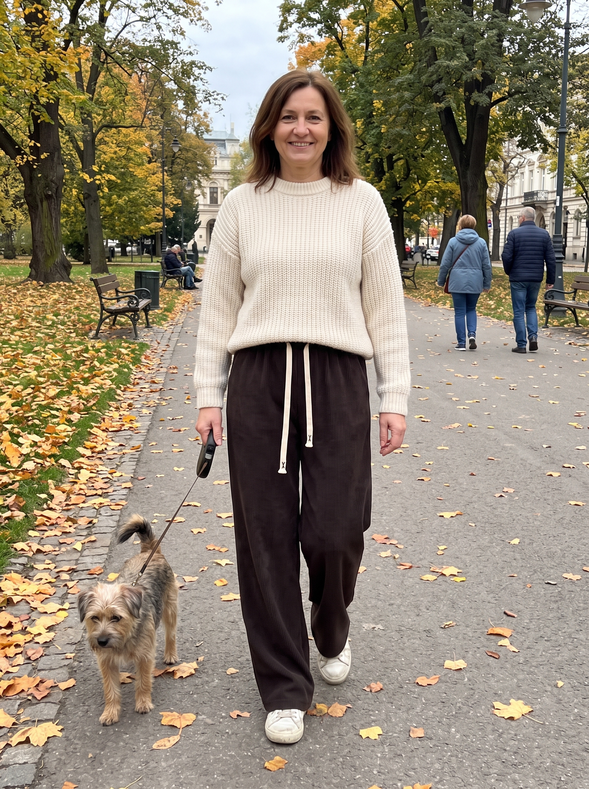 Brązowe spodnie Joanna na spacerze w parku