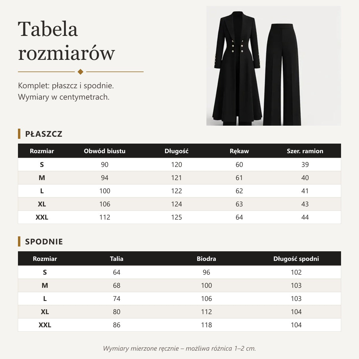 Komplet Małgorzata – tabela rozmiarów płaszcza i spodni