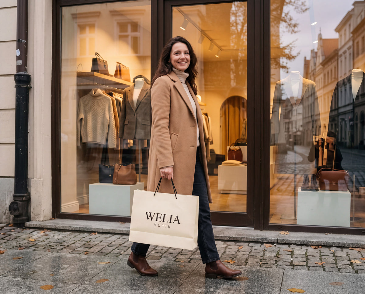 Uśmiechnięta kobieta w karmelowym płaszczu z torbą WELIA BUTIK przed butikiem jesienią